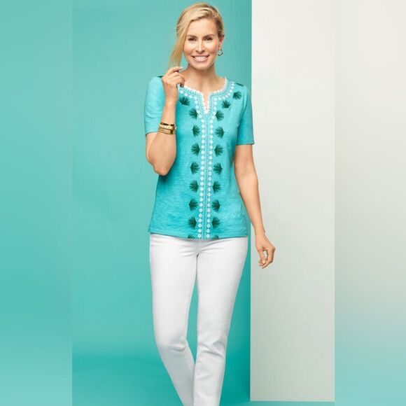Talbots Embroidered Palm Frond Tee Aqua Blue Cotton Size Medium - Picture 2 of 9